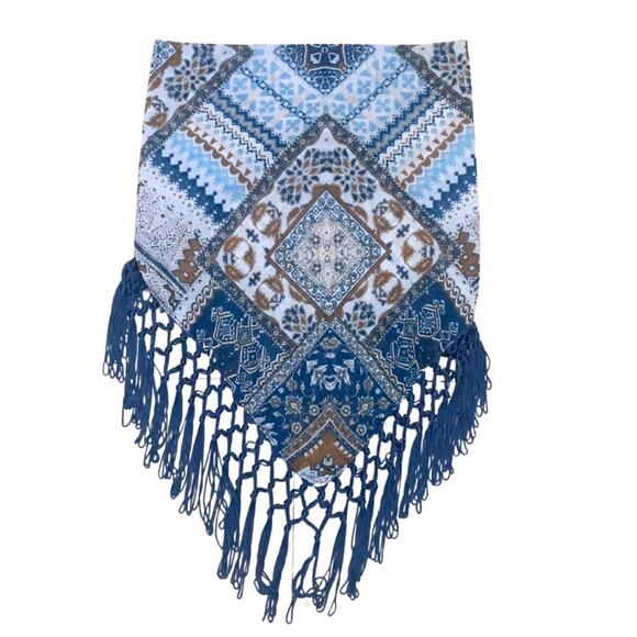 Boho Western Teal Blue Tan Brown Print Bandana Neck Scarf Size XS Fringe - Picture 3 of 11